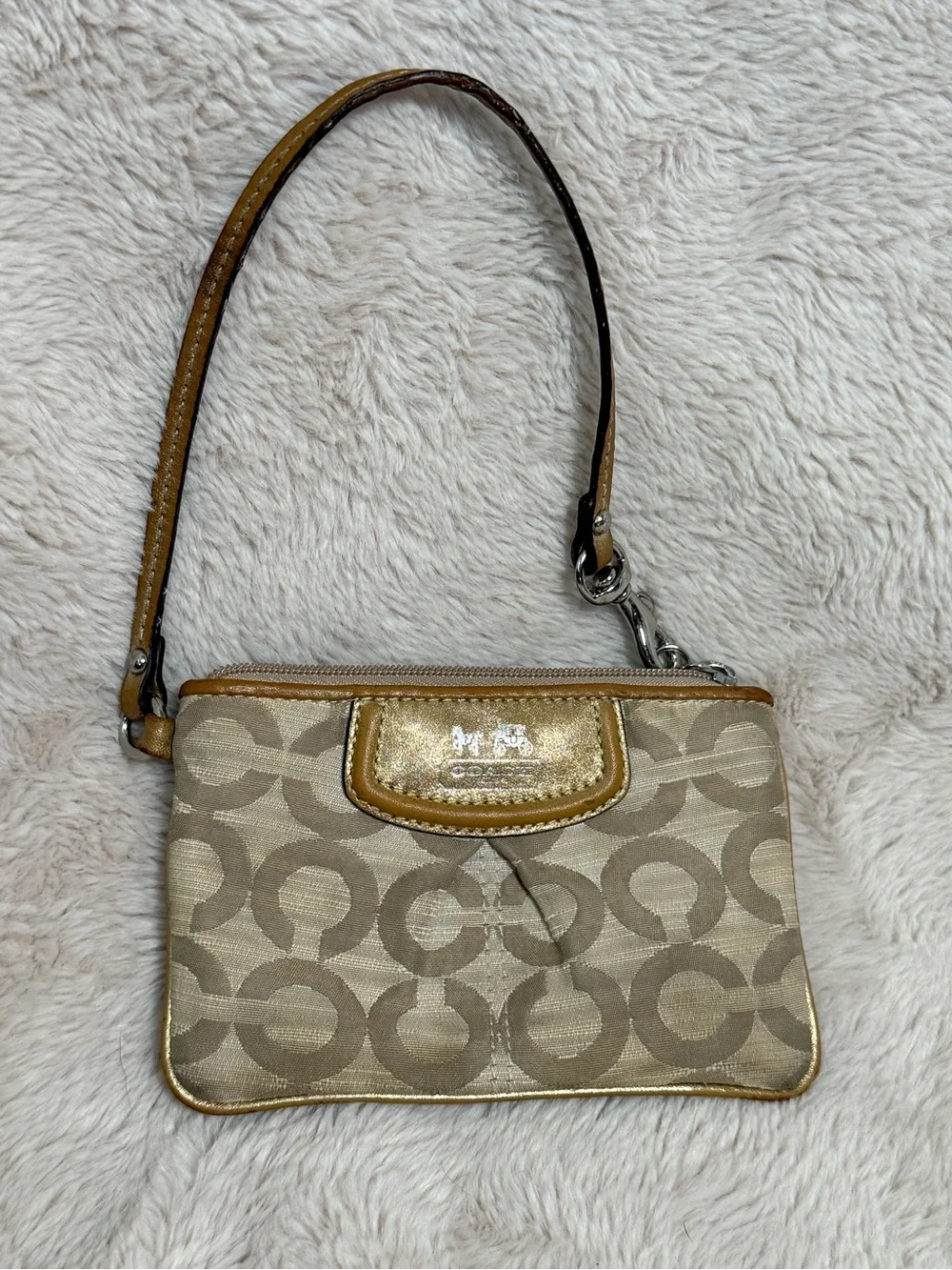 Coach Y2K Gold Lurex /Tan Jacquard Wristlet Signature C